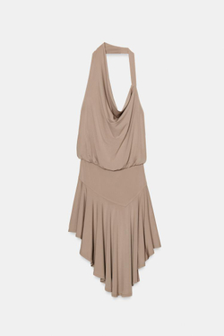 ZARA ПЛАТЬЕ С ГОРЛОВИНОЙ ХАЛТЕР И ОТКРЫТОЙ СПИНОЙ, ПЕСОЧНЫЙ