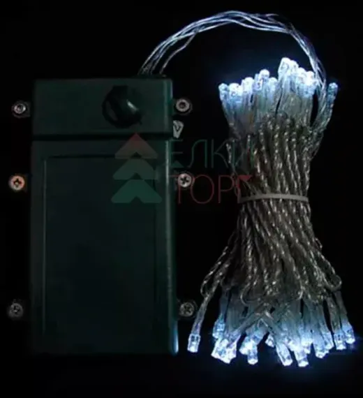 Светодиодная гирлянда 10 м., 3 батарейки типа D 4.5V, 100 LED ламп холодного белого цвета, таймер, прозрачный провод, LTC (EST100-4W10-8W)