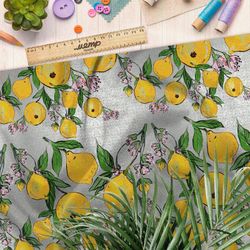 Ткань шелк Армани лимоны на сером