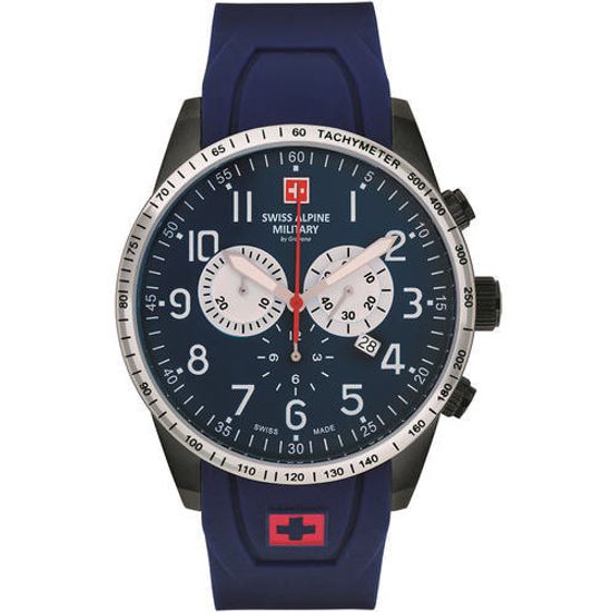 С ремешком Мужские наручные часы с синим силиконовым ремешком Swiss Alpine Military 7082.9875 chrono 45mm 10ATM