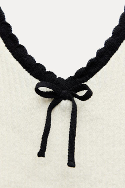 ZARA ТОП В СТИЛЕ РУСТИК С БАНТОМ, ЭКРЮ