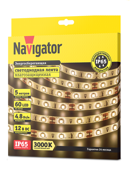 Лента светодиодная Navigator 12V 4,8Вт 3000К IP65 бухта 5м белая 28838