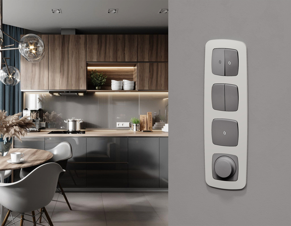 MO502015 Комплект механизма 1-кл выключателя с подсветкой 5600K OMEGA Сталь матовый QUANT (OP5020, VM101, G14W)