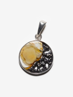 Уникальный серебряный кулон с цельным пейзажным янтарем, серебро 925 пробы
