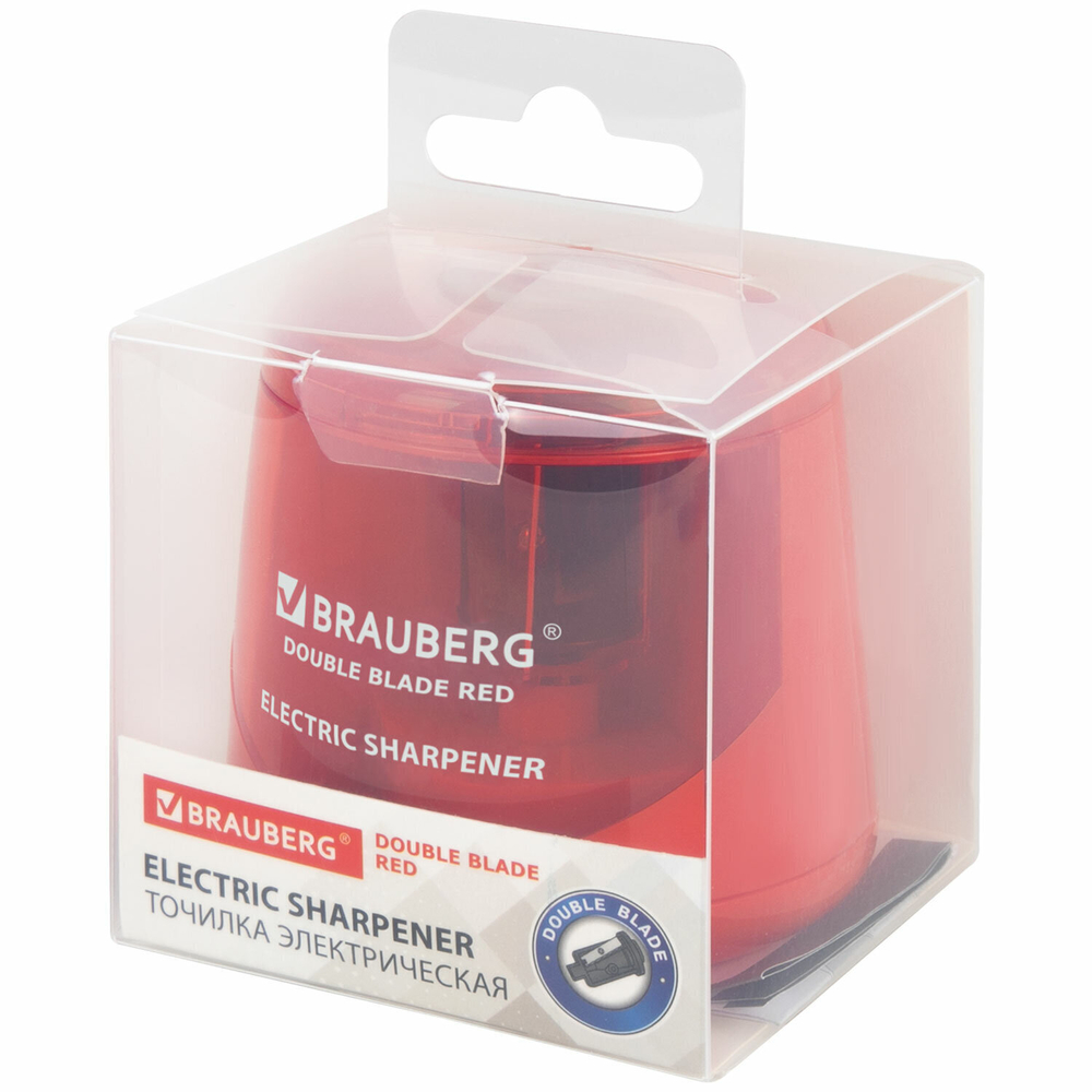 Точилка электрическая BRAUBERG DOUBLE BLADE RED двойное лезвие питание от 2 батареек АА (2 штуки в упаковке)
