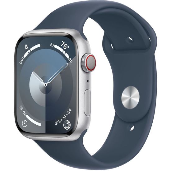 Apple Watch Series 9 GPS + Cellular 45mm Silver Aluminium Case with Storm Blue Sport Band