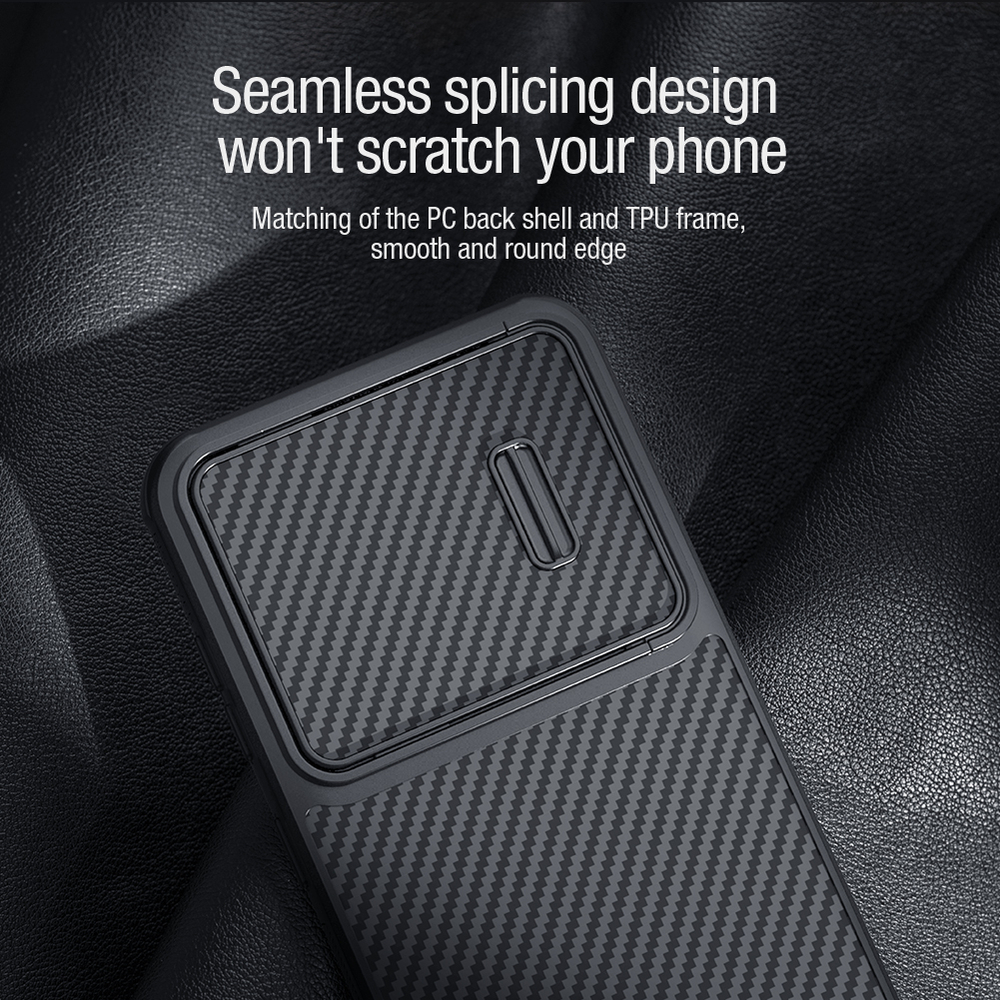 Чехол от Nillkin для смартфона Samsung Galaxy S23, серия Synthetic Fiber S (покрытие синтетический карбон), полуавтоматическая конструкция сдвижной крышки