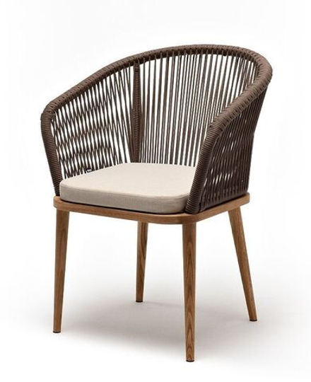 "Марсель" стул плетеный из роупа, основание дуб, роуп коричневый круглый, ткань бежевая 052