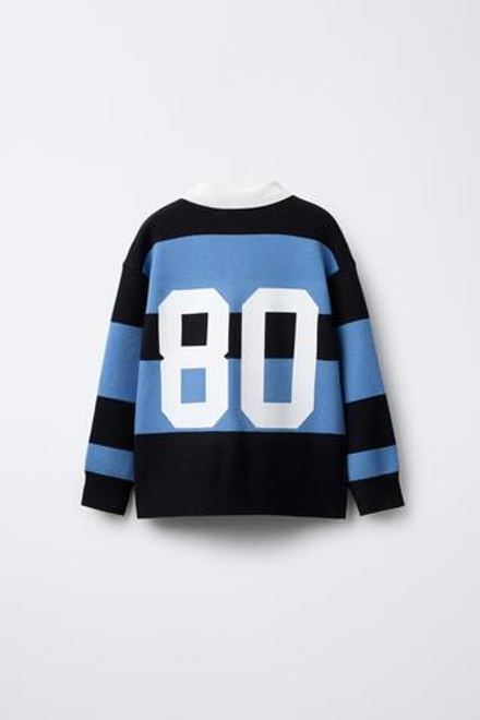 ZARA ТРИКОТАЖНЫЙ СВИТЕР ПОЛО VARSITY В ПОЛОСКУ, СИНИЙ