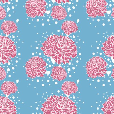 Узор с розовыми пионами и белыми точками на голубом фоне