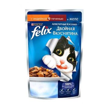 Purina Felix Аппетитные Кусочки Двойная вкуснятина влажный корм для кошек с индейкой и печенью в желе 85 гр