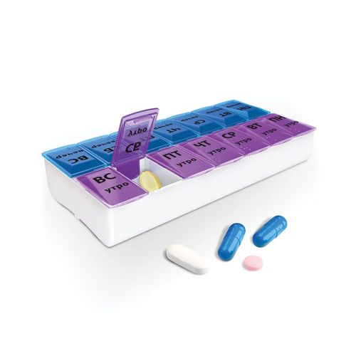 Таблетница-органайзер на неделю DASWERK (14 ячеек, 7 дней × 2 приёма — утро/вечер)