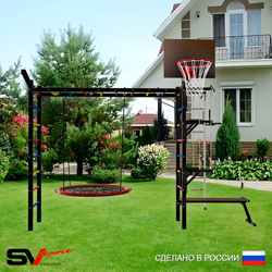 Уличная шведская стенка Sv Sport рукоход У5281К (Турник/Брусья/Стойка/Скамья/Гнездо 80см/Щит баскет/Кронш бокс/Канат/кольца/лестница)