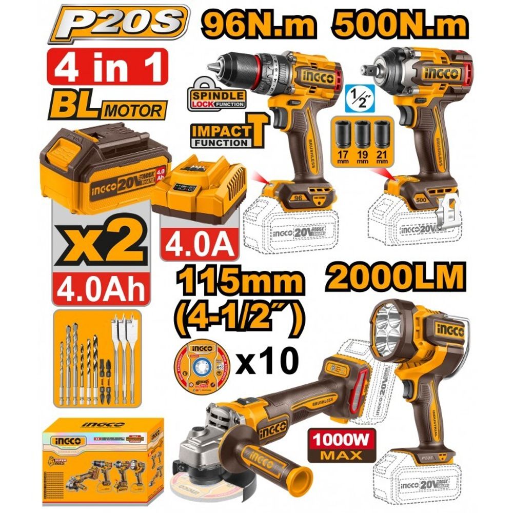 Набор аккумуляторного инструмента INGCO COSLI241292 INDUSTRIAL 20 В 4 шт.