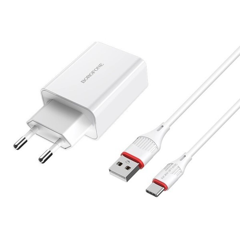 Зарядное устр-во сетевое 1 USB 3.0A Quick Charger + кабель Type-C, белый (BOROFONE)