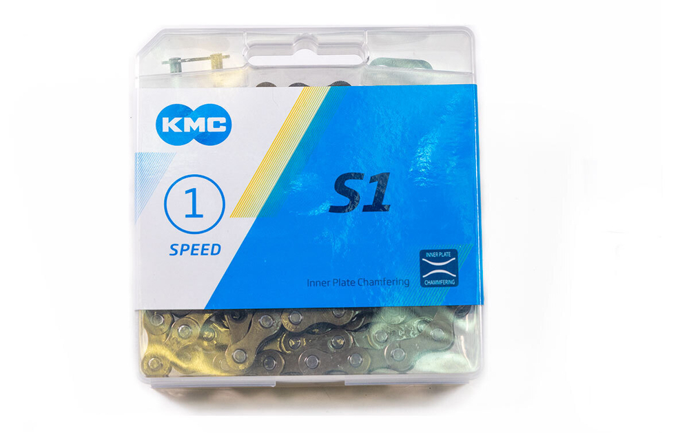 Цепь KMC S1 для 1 скорости, 1/2"х1/8", 112 звеньев, пин 8.7мм, с замком, коричневая