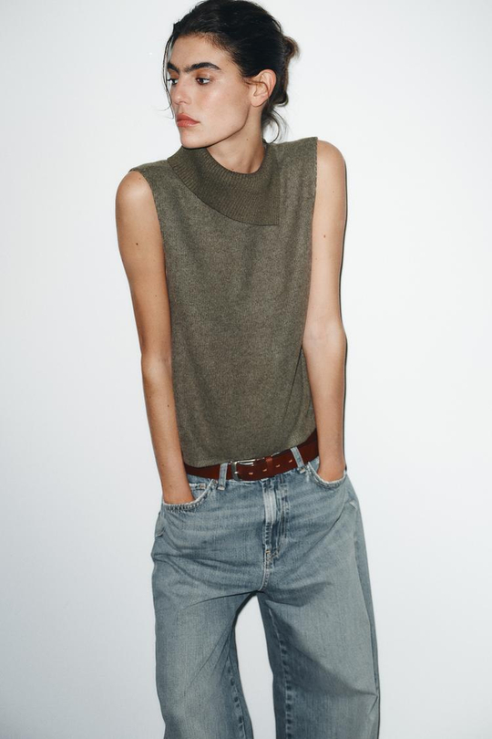 ZARA МЯГКИЙ ТОП С ОТКРЫТЫМ ВЫРЕЗОМ, ЗЕЛЕНЫЙ МЕЛАНЖ