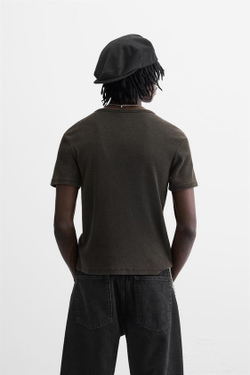 ZARA БАЗОВАЯ ФУТБОЛКА В РУБЧИК, ТЕМНО-КОРИЧНЕВЫЙ