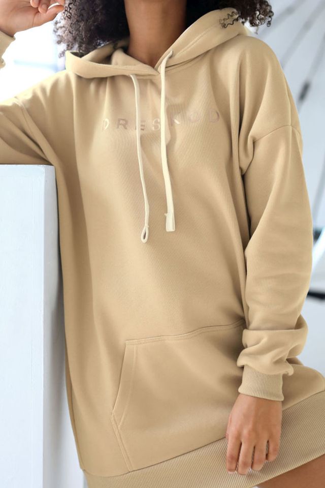 Бежевое платье-худи oversize с капюшоном