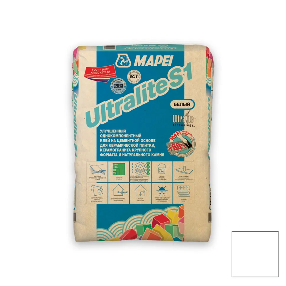 ULTRALITE S1, ТМ MAPEI, цвет белый, 15кг, Россия, Смесь сухая клеевая на цементном вяжущем класс С2ТES1