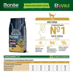 Сухой корм Monge Cat BWild LOW Hare для взрослых кошек, низкозерновой, из мяса зайца