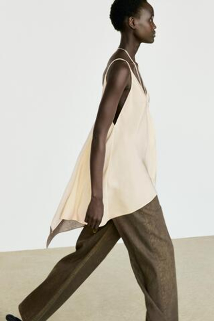 Massimo Dutti Асимметричный струящийся топ на тонких бретелях, натуральный/кремовый
