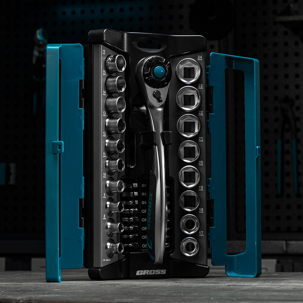 Набор торцевых головок, трещотка 120 зубьев, 1/2", CrV, 36 предметов Gross