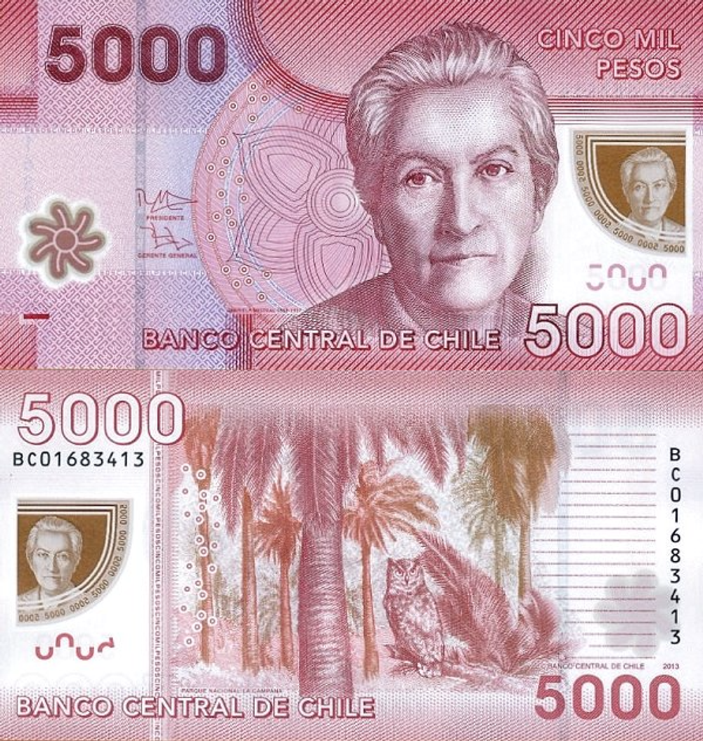 Чили 5000 песо 2009-2021 Габриэла Мистраль UNC