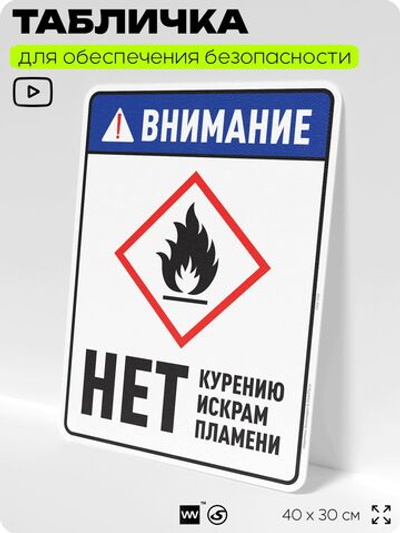 Табличка для обеспечения безопасности "Внимание нет курению искрам пламени", для производства, предприятия, организаций, 40х30 см, Silver Plane x Айдентика Технолоджи
