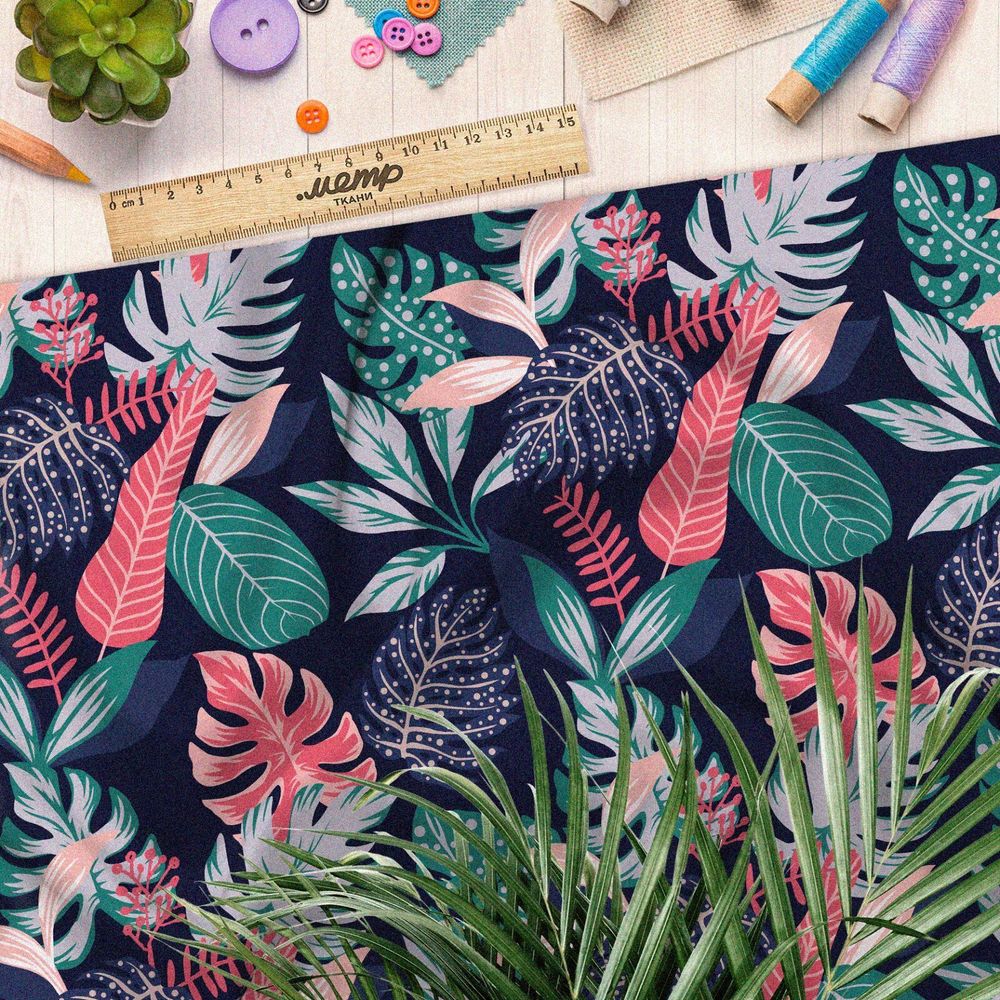 Ткань шифон яркие листья монстеры