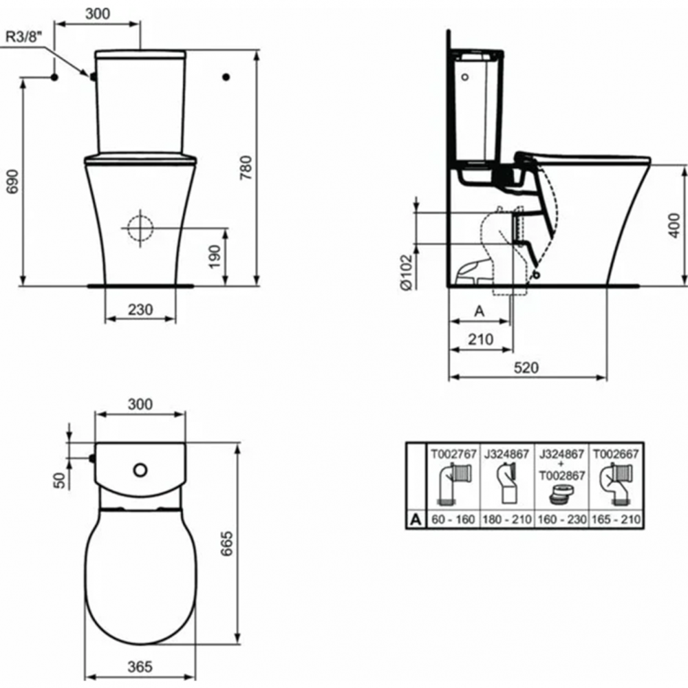 Напольный пристенный унитаз Ideal Standard CONNECT AIR AquaBlade E013701  с бачком CUBE E073401