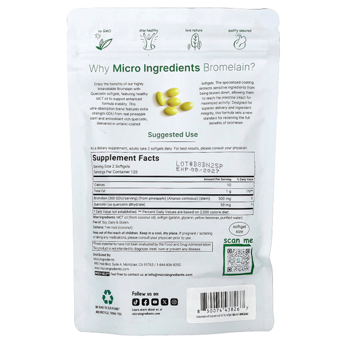 Micro Ingredients, бромелаин с кверцетином, 240 капсул