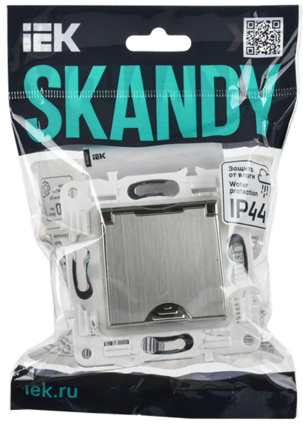 SKANDY Розетка 1-местная с заземлением с защитными шторками и крышкой 16А IP44 SK-R11N металл никель IEK