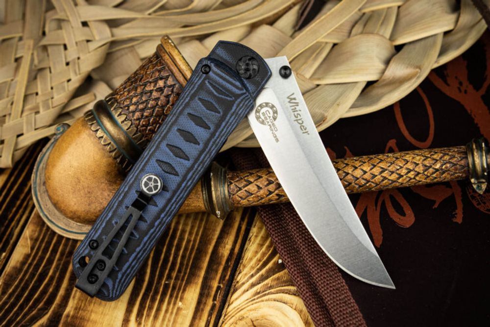 Нож складной Kizlyar Supreme WHISPER AUS-10CO SW G10-BBLUH CB (StoneWash, G10 Black-Blue Handle, Caged Ballbearing)