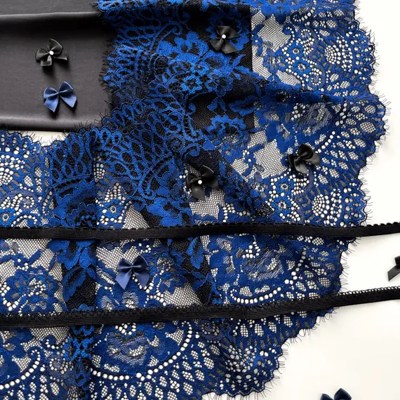 Кружево эластичное ультрамарин/чёрный 22 см, Китай