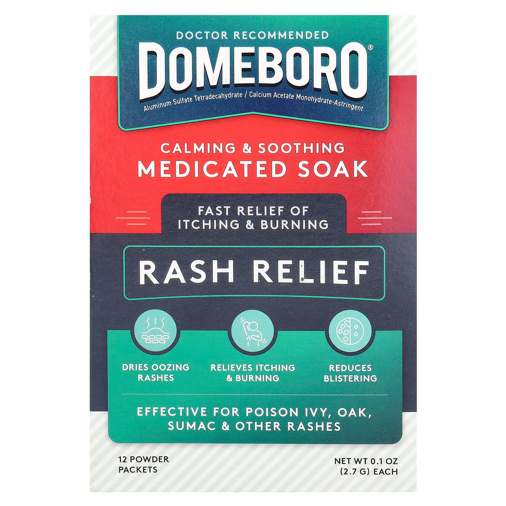 Domeboro, лечебное средство Soak, средство от сыпи, 12 пакетиков с порошком, 2,7 г (0,1 унции) каждый