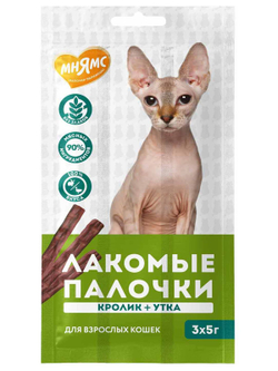 Лакомство Мнямс лакомые палочки для кошек с уткой и кроликом 3х5 г