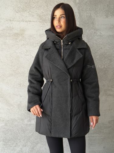 Черный комбинированный пуховик-пальто на кулиске