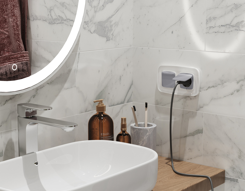 MO508010 Комплект механизма электрической розетки OMEGA Сталь матовый с/з с шторками и крышкой IP44 QUANT (OP5080, VM141)