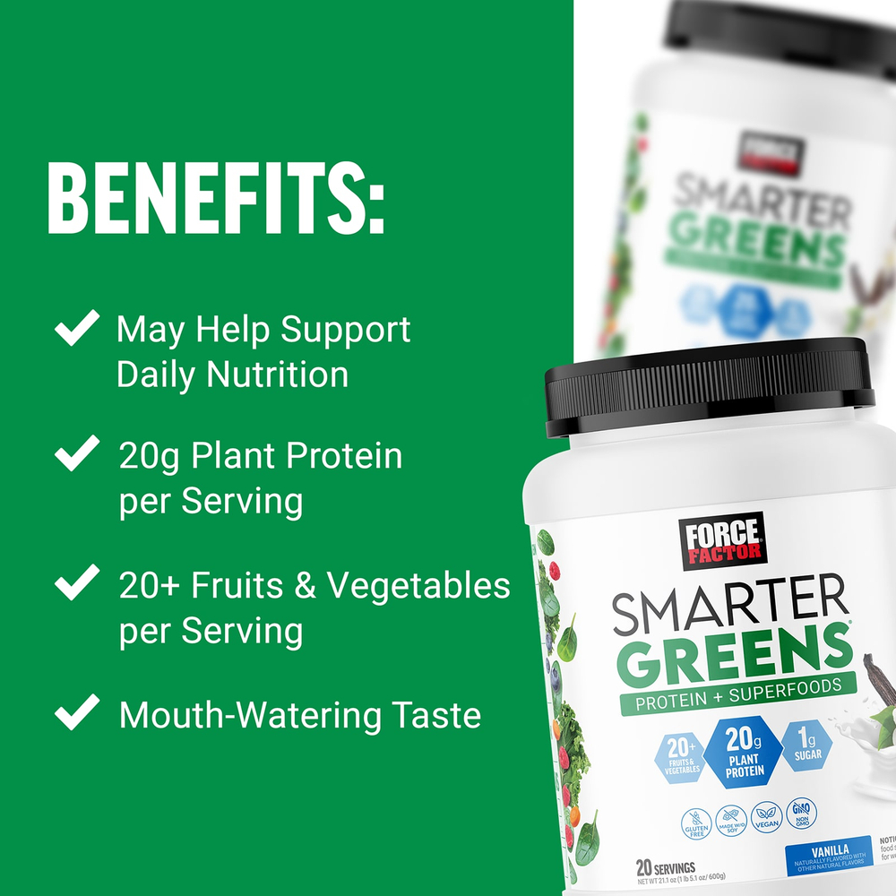 Force Factor, Smarter Greens Protein + Superfoods, ваниль, 600 г (1 фунт)