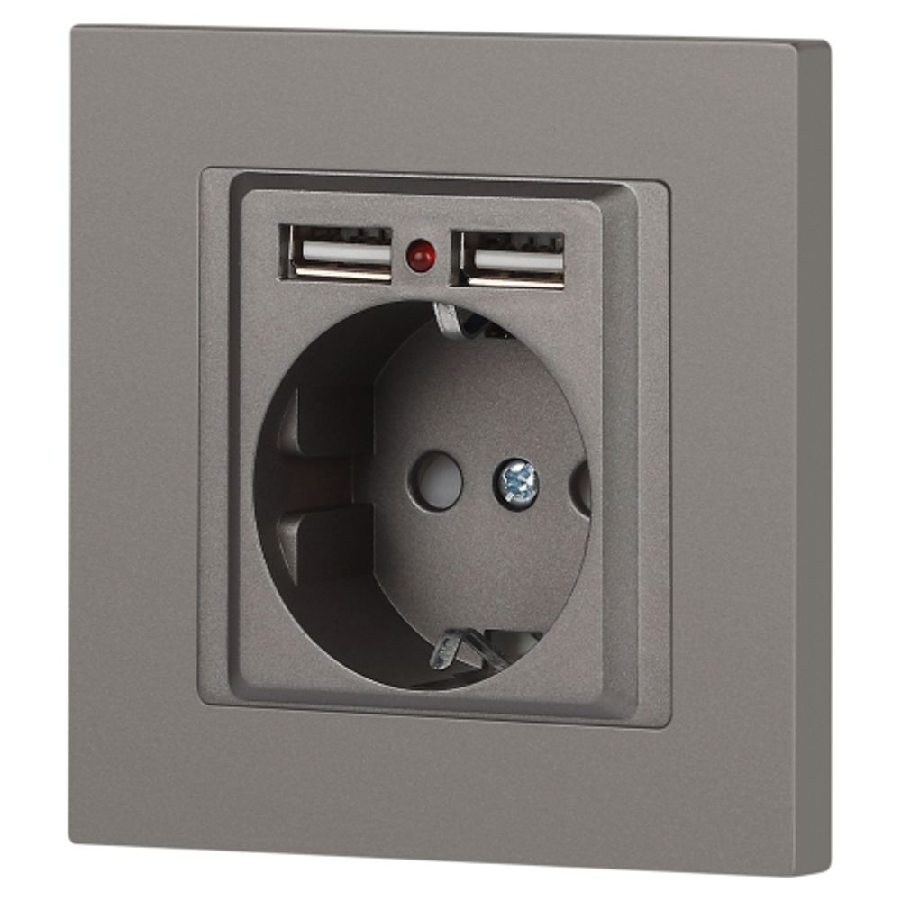 Розетка Intro Accent 6-410-09 с заземлением 2P+E Schuko со шторками 16А-250В + 2хUSB IP20 СУ титан