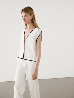 Massimo Dutti Трикотажный жилет с V-образным вырезом, натуральный, кремовый