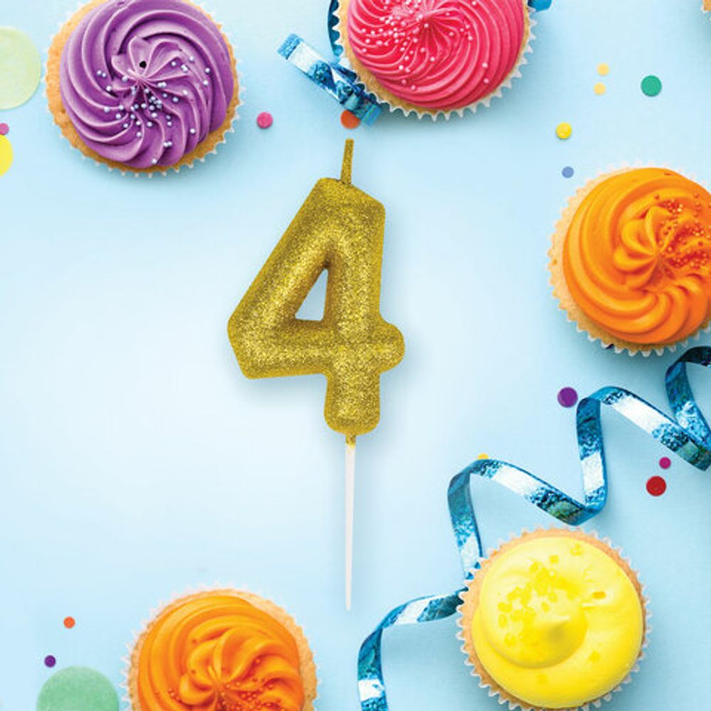 Свеча-цифра для торта "4" золотая с глиттером, 6 см, ЗОЛОТАЯ СКАЗКА, на шпажке, в блистере, 591417