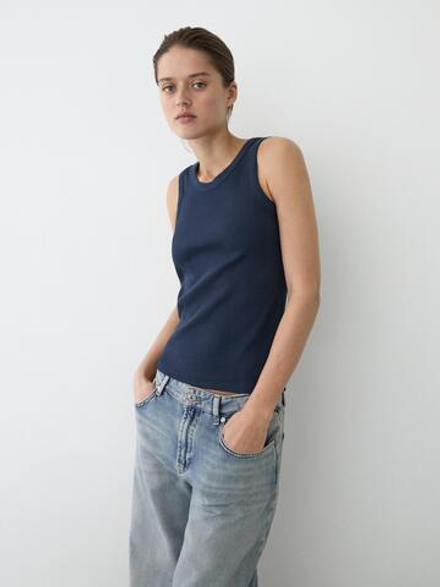 Massimo Dutti Футболка из смесовой хлопковой ткани, темно-синий