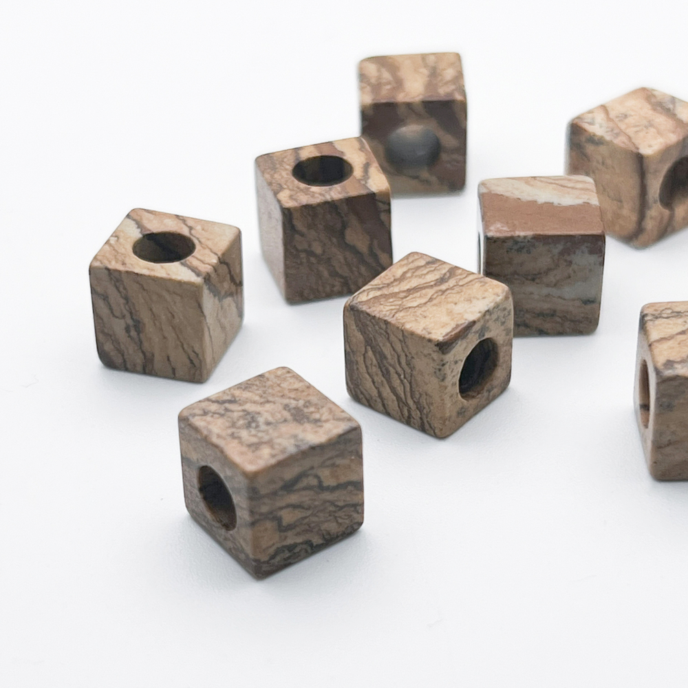 "Яшма пейзажная" куб, бусина, размер 10 мм, отверстие 5 мм, цена за 1 шт