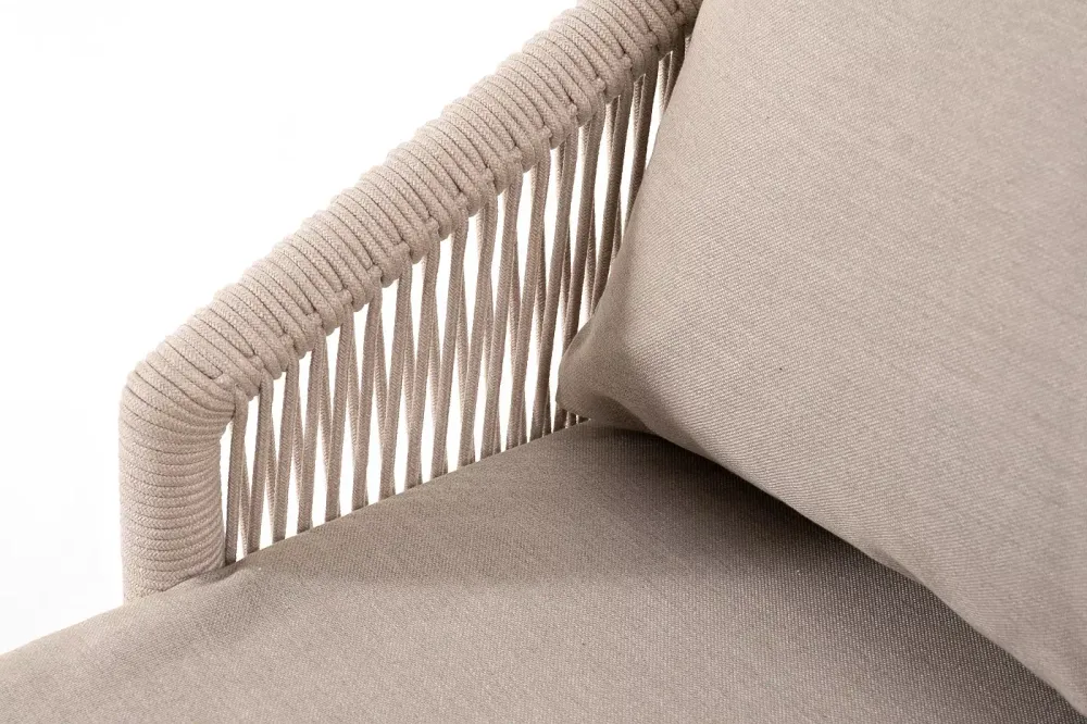 "Верона" диван 3-местный плетеный из роупа, каркас алюминий белый муар, роуп бежевый круглый, ткань бежевая 15052