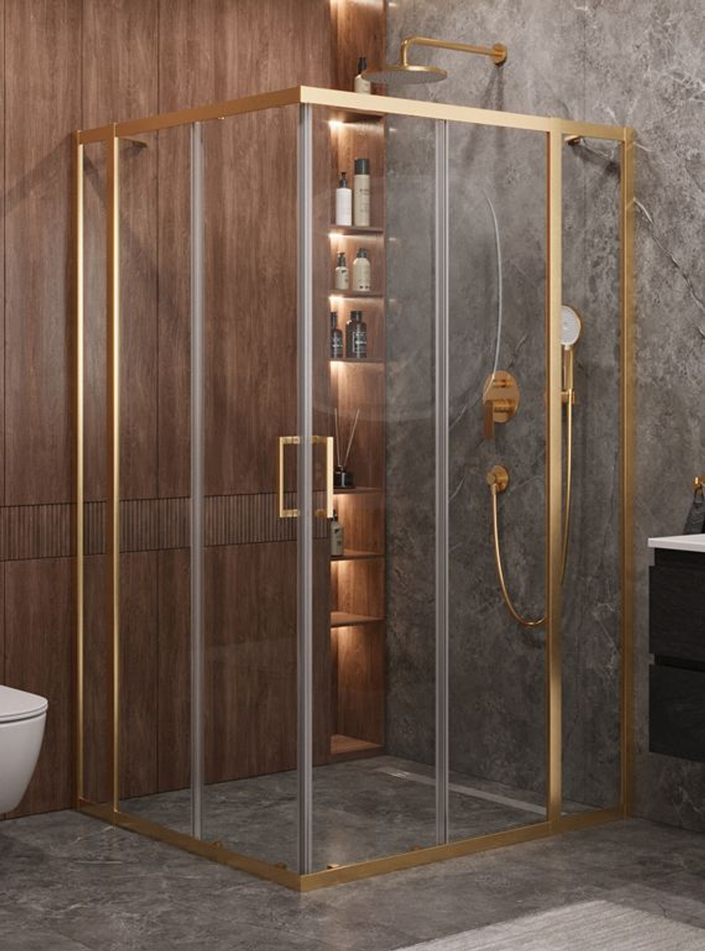 Душевой уголок Cezares MOLVENO-AH-22-130/120-C-BORO-IV, 130х120х195, профиль брашированное золото, прозрачное стекло