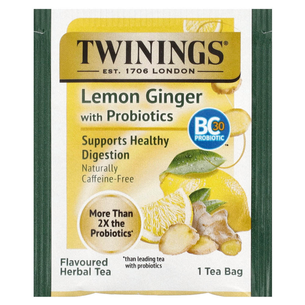 Twinings, ароматизированный травяной чай, лимон и имбирь с пробиотиками, без кофеина, 18 чайных пакетиков, 27 г (0,95 унции)