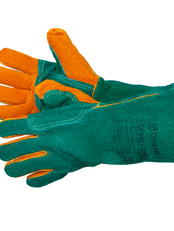 Краги Green Welder из спилка зеленого цвета с усилением, прошиты огнеупорной нитью