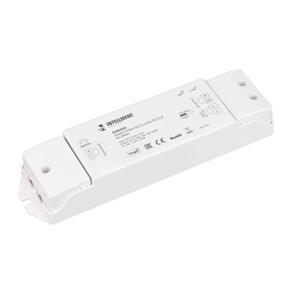 INTELLIGENT ARLIGHT Диммер SMART-PWM-102-72-CDW-PD-SUF (12-36V, 2x5A, TUYA Wi-Fi, 2.4G) (IARL, IP20 Пластик, 5 лет) 037422